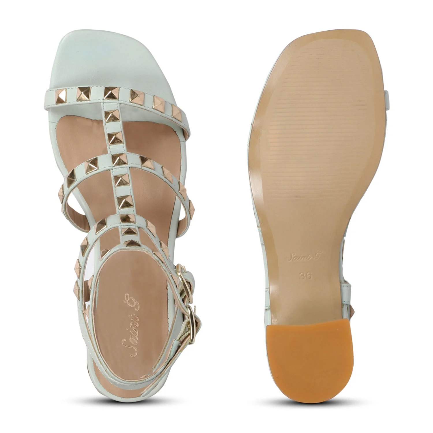 Saint Angela Aqua Leather Metal Studded Block Heels - Image 6
