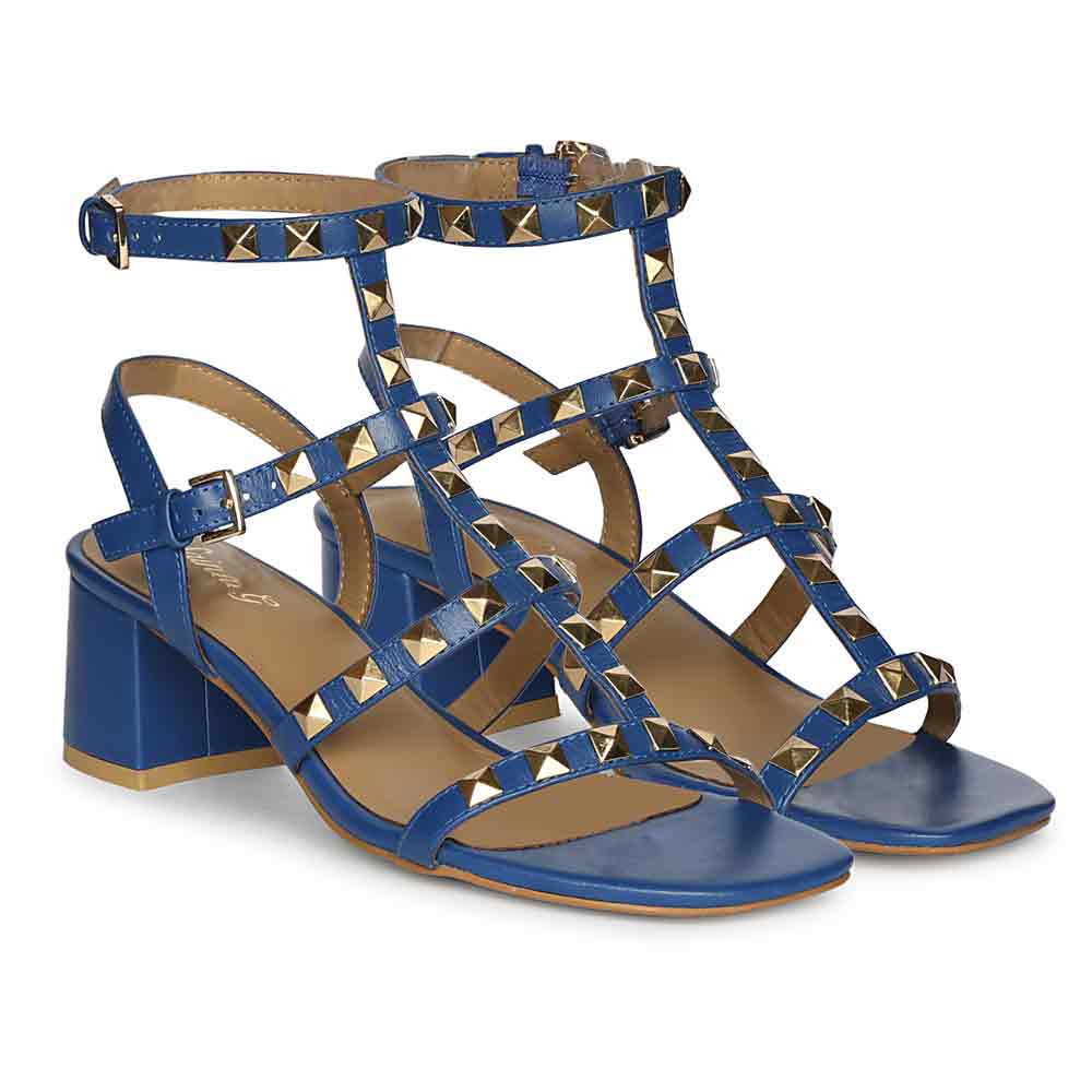 Saint Angela Cobalt Leather Metal Studded Block Heels - Image 3