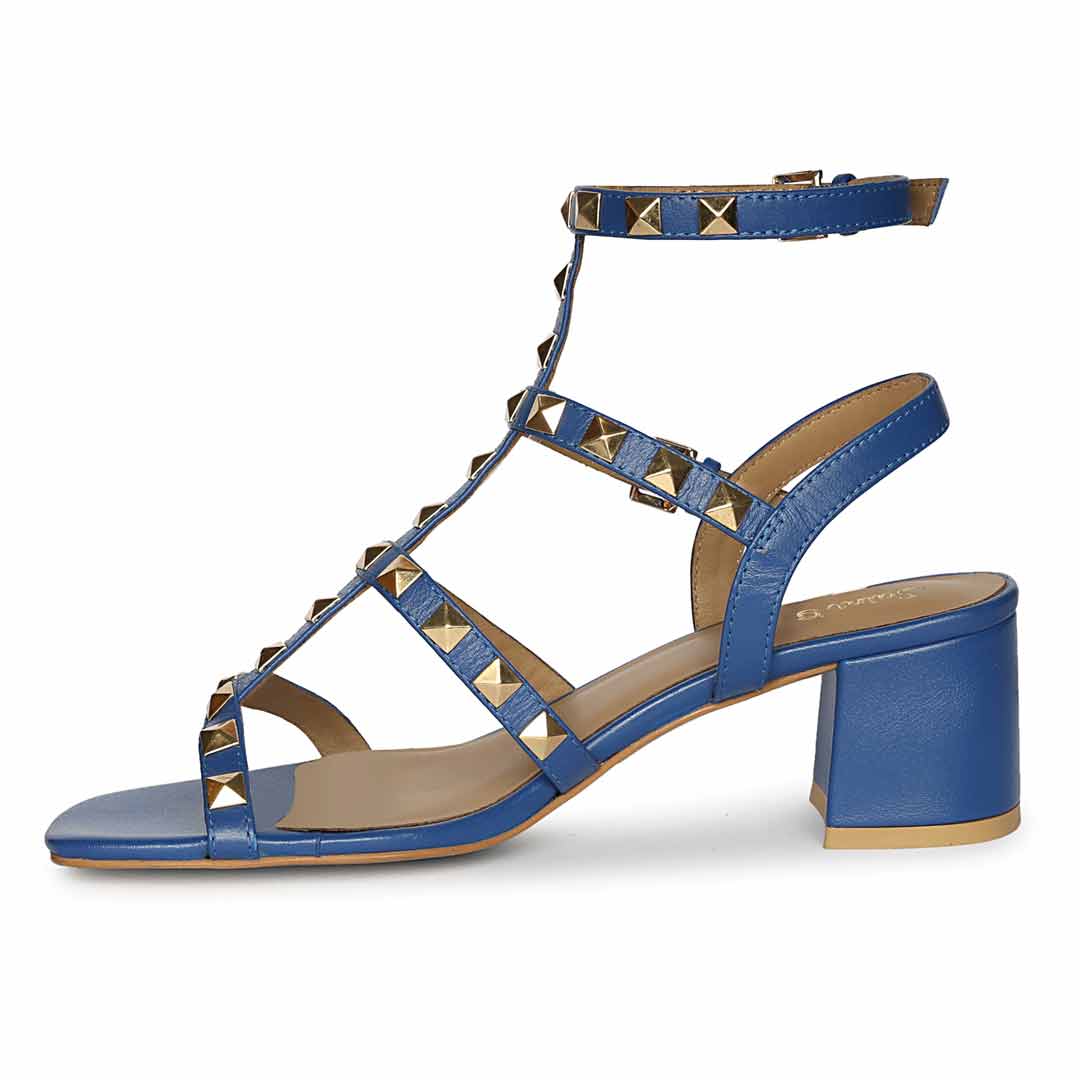 Saint Angela Cobalt Leather Metal Studded Block Heels - Image 6