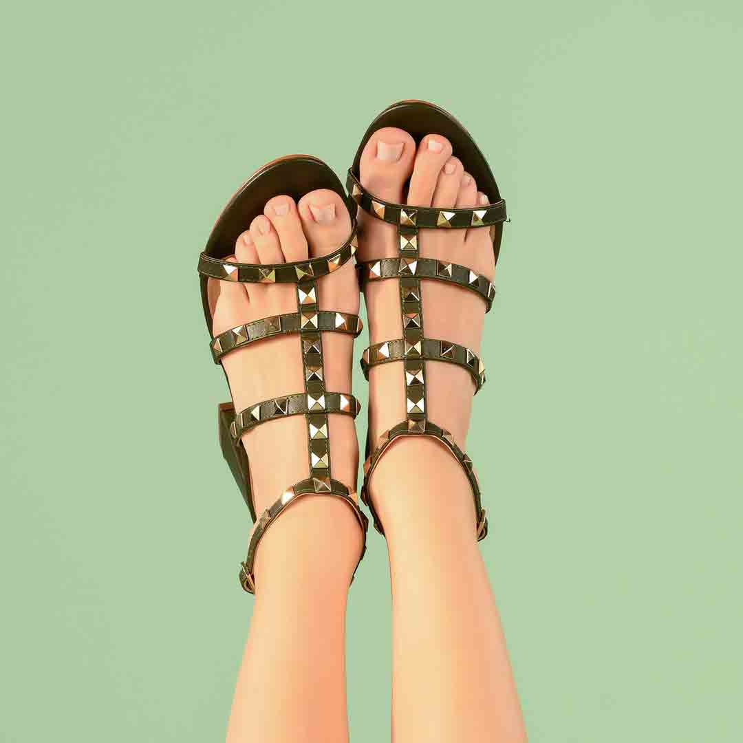 Saint Angela Gold Studs Olive Leather Block Heels - Image 2