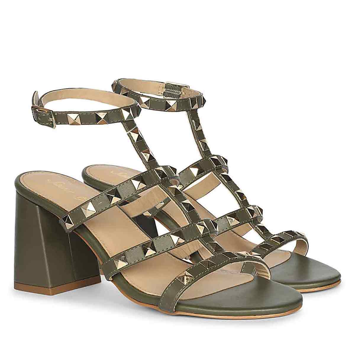Saint Angela Gold Studs Olive Leather Block Heels - Image 3