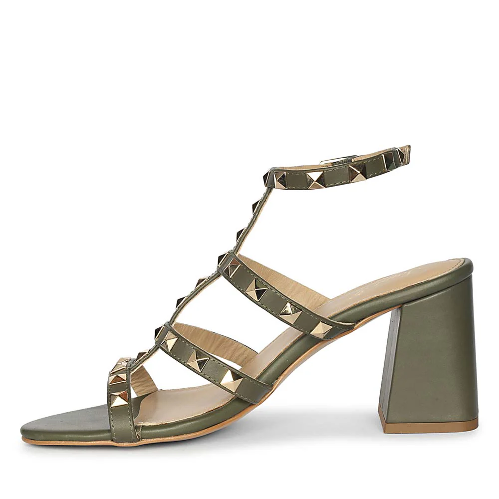 Saint Angela Gold Studs Olive Leather Block Heels - Image 4