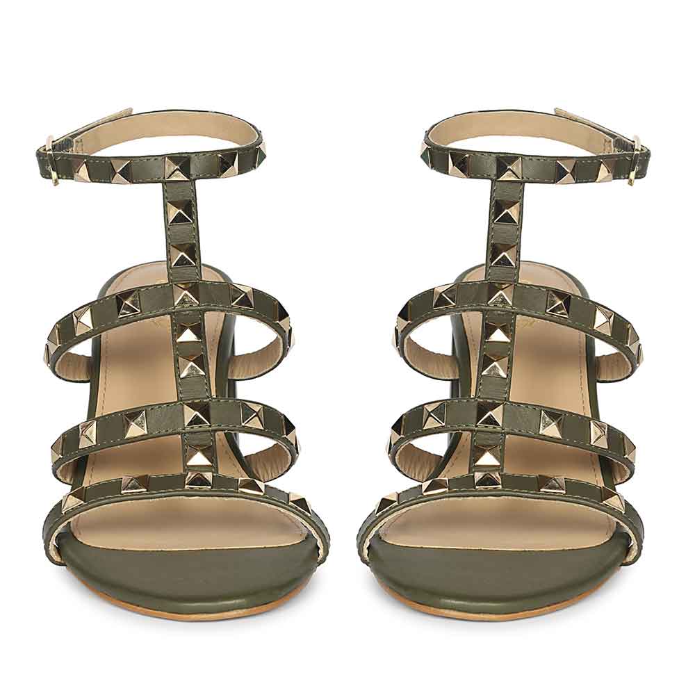 Saint Angela Gold Studs Olive Leather Block Heels - Image 5