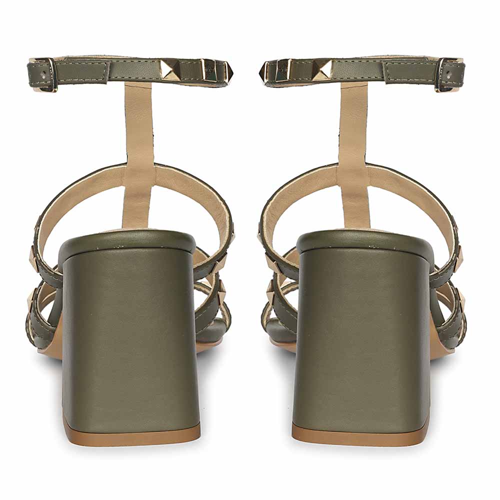 Saint Angela Gold Studs Olive Leather Block Heels - Image 6