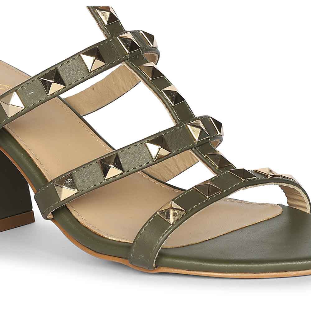 Saint Angela Gold Studs Olive Leather Block Heels - Image 7