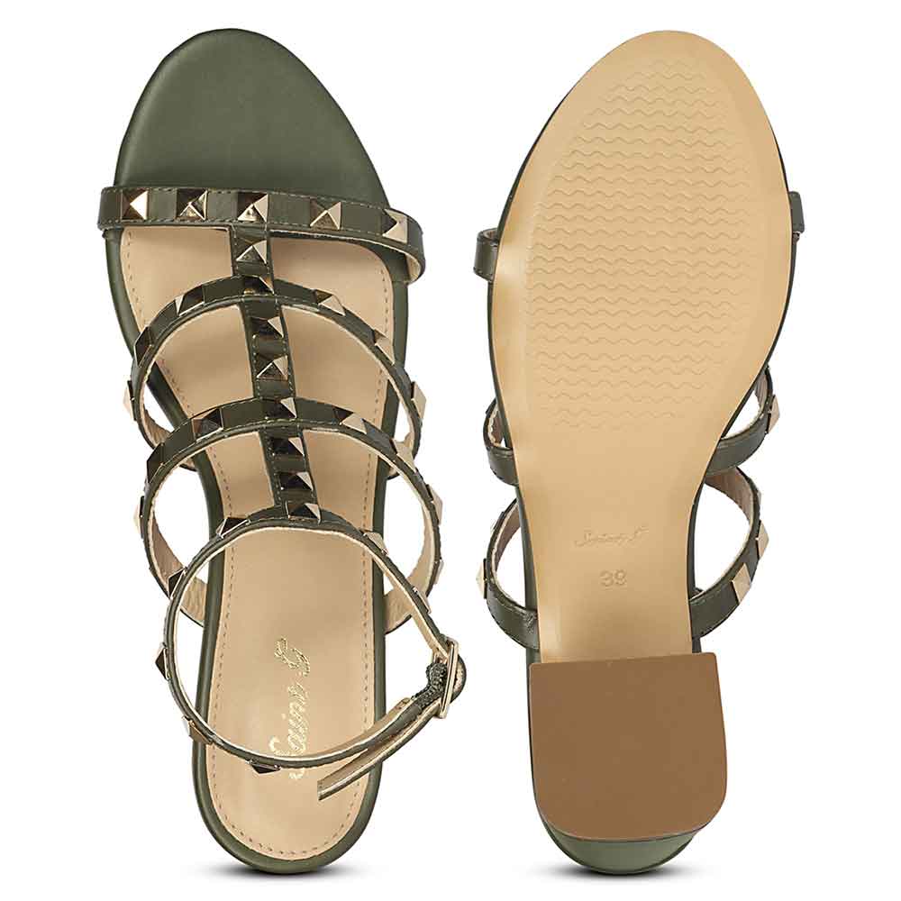 Saint Angela Gold Studs Olive Leather Block Heels - Image 8