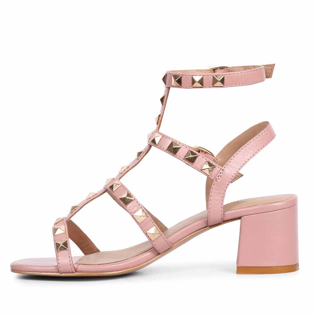 Saint Angela Pink Leather Metal Studded Block Heels - Image 4