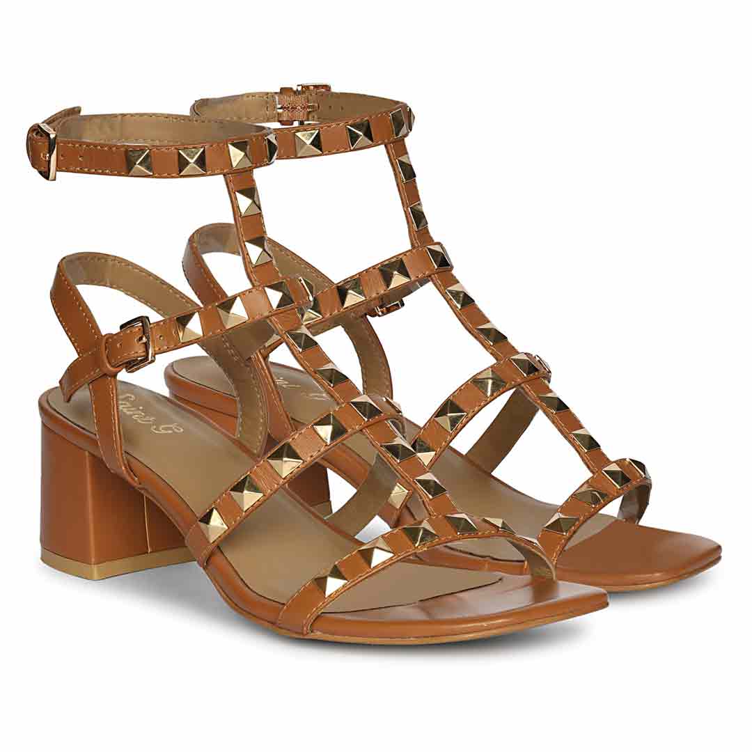Saint Angela Tan Leather Metal Studded Block Heels - Image 2