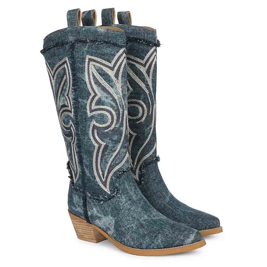 Saint Aria Denim Embroidered Cowboy Boots - Image 3