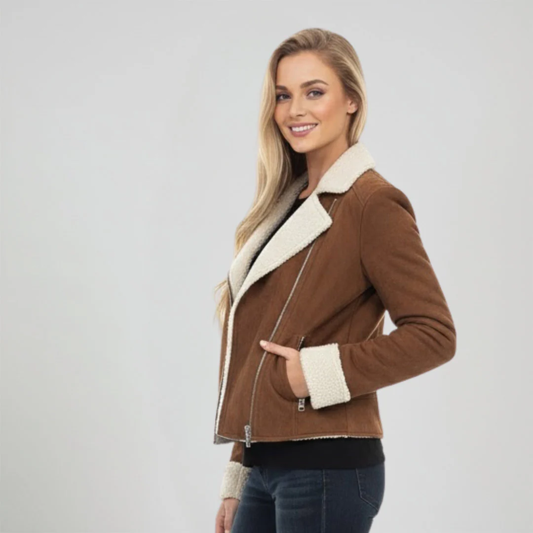 Saint Arlene Women Tan/Beige Leather Cafe Racer Jacket - Image 2