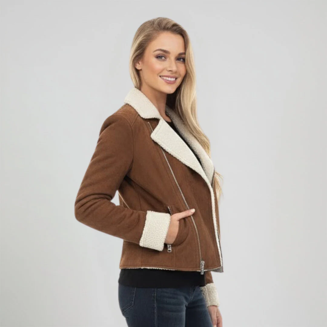 Saint Arlene Women Tan/Beige Leather Cafe Racer Jacket - Image 3