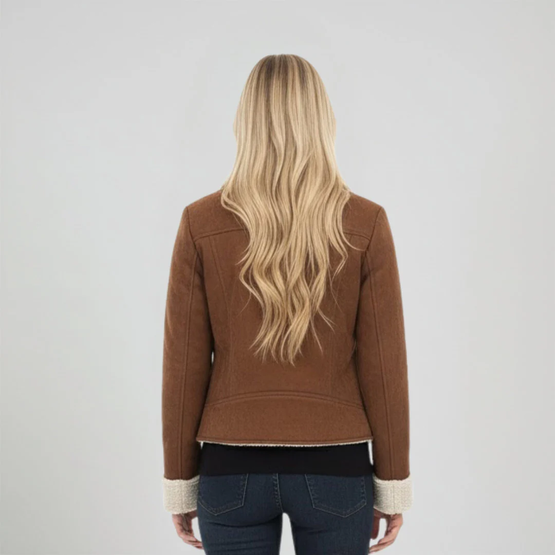 Saint Arlene Women Tan/Beige Leather Cafe Racer Jacket - Image 4