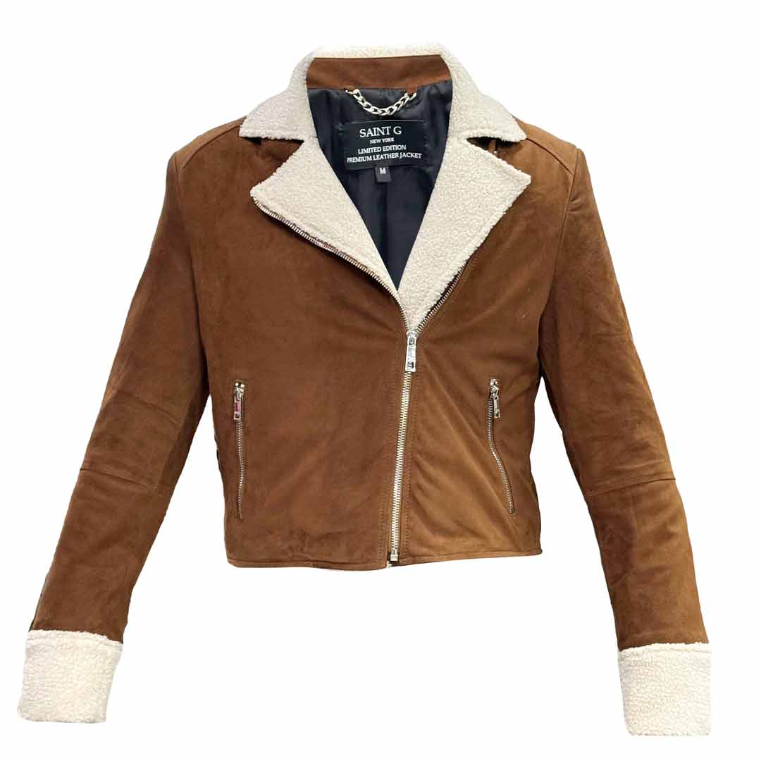 Saint Arlene Women Tan/Beige Leather Cafe Racer Jacket - Image 5