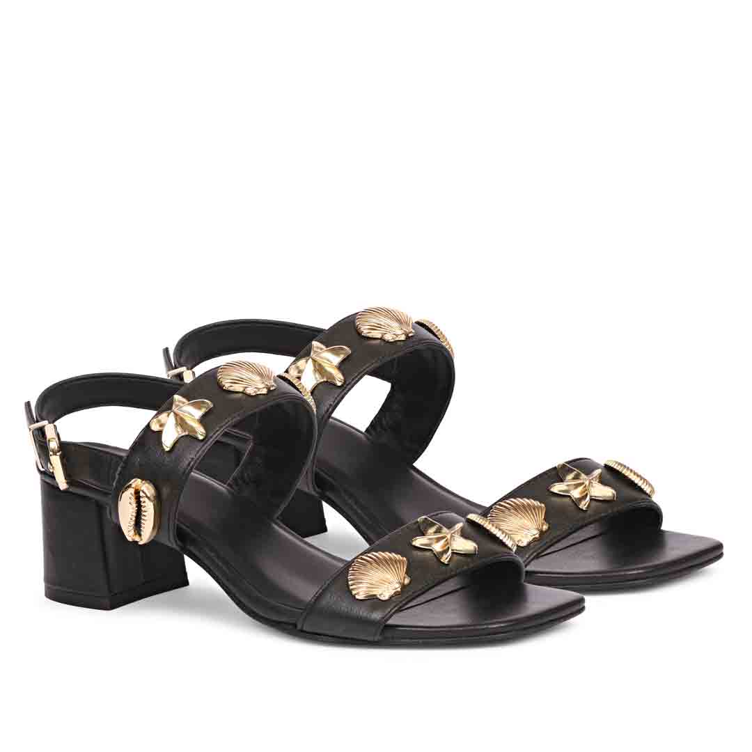 Saint Assisi Gold Seashell & Star Studs Leather Block Heels - Image 3