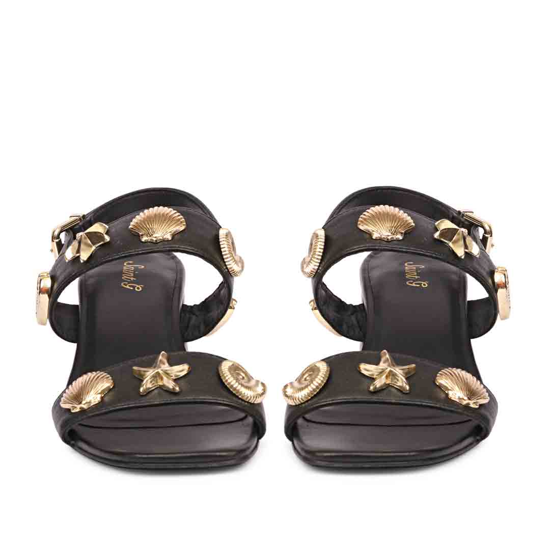 Saint Assisi Gold Seashell & Star Studs Leather Block Heels - Image 4