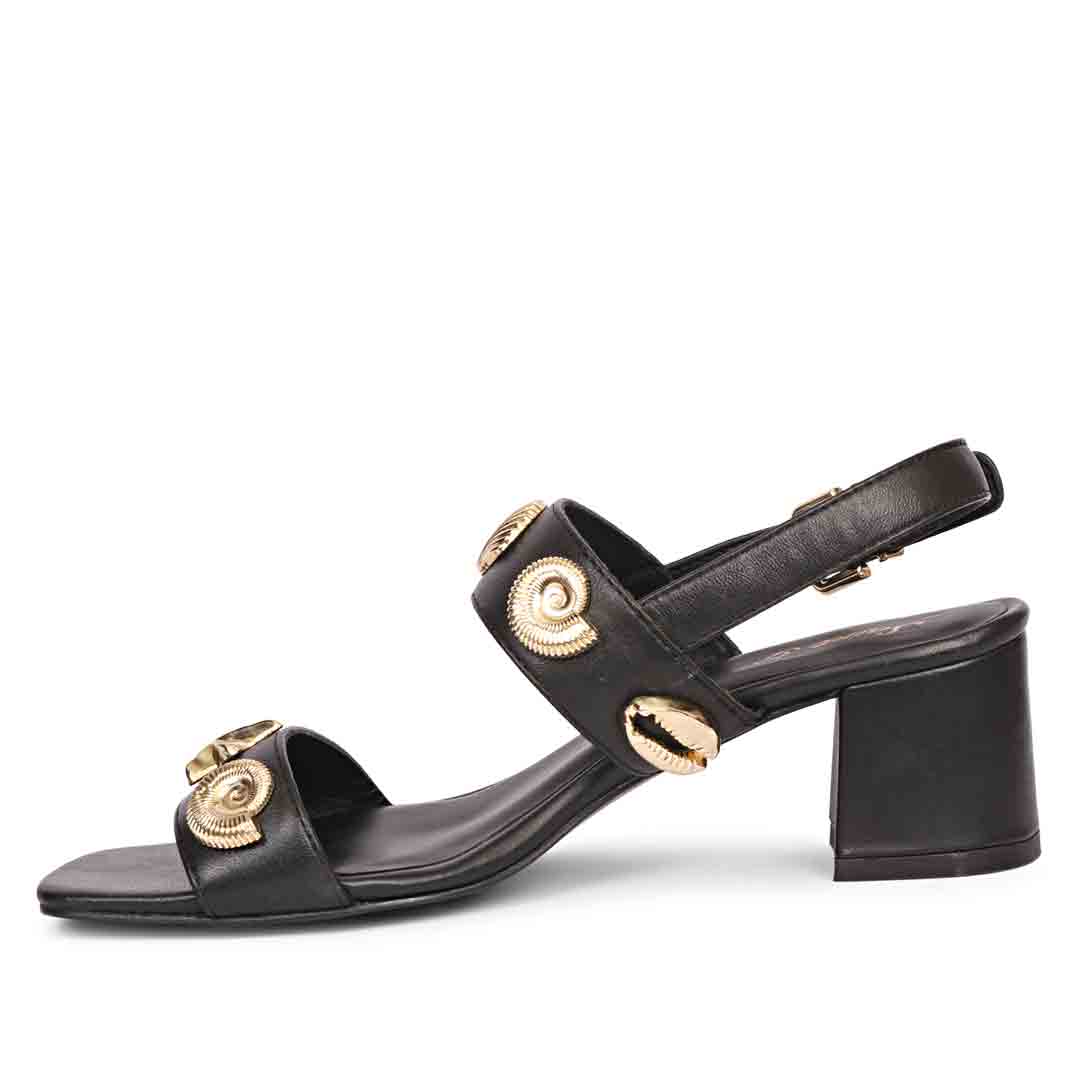 Saint Assisi Gold Seashell & Star Studs Leather Block Heels - Image 5
