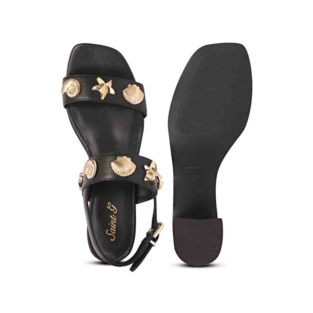 Saint Assisi Gold Seashell & Star Studs Leather Block Heels - Image 8