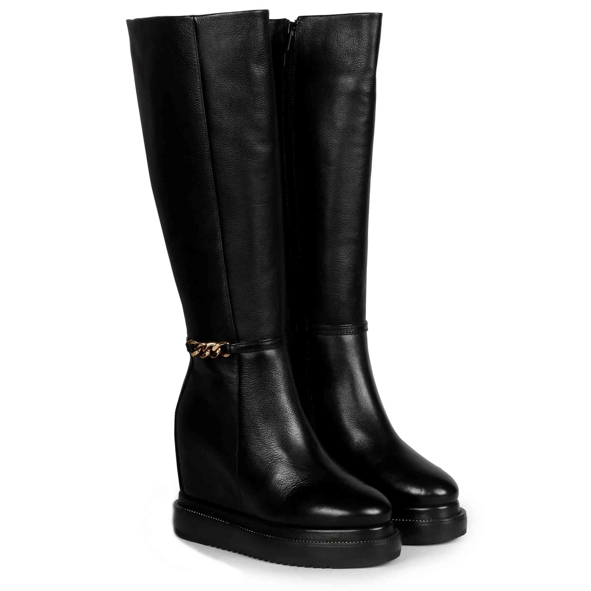 Saint Audrey Chain Décor Black Leather Inside Wedge Heel Long Boots - Image 3