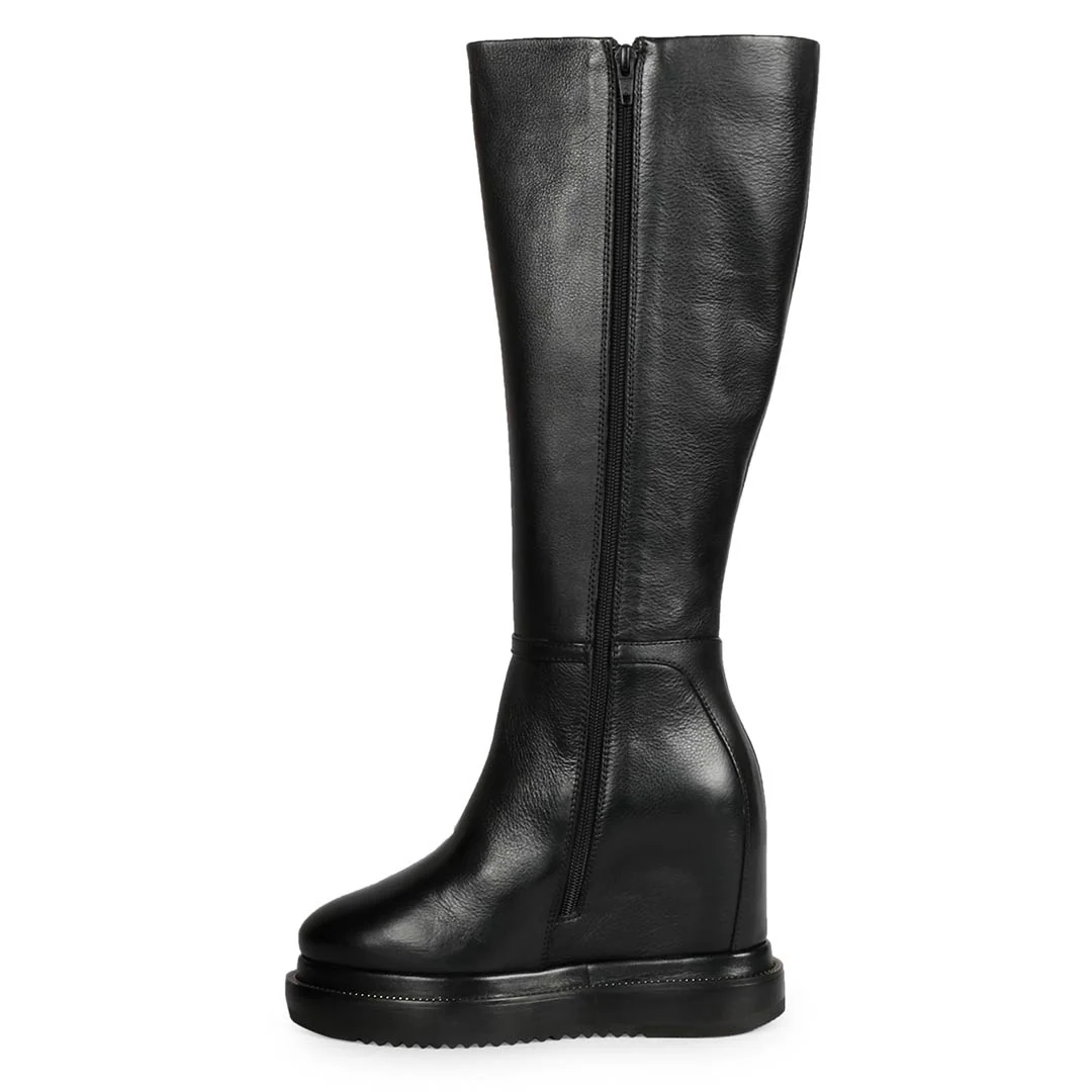 Saint Audrey Chain Décor Black Leather Inside Wedge Heel Long Boots - Image 4