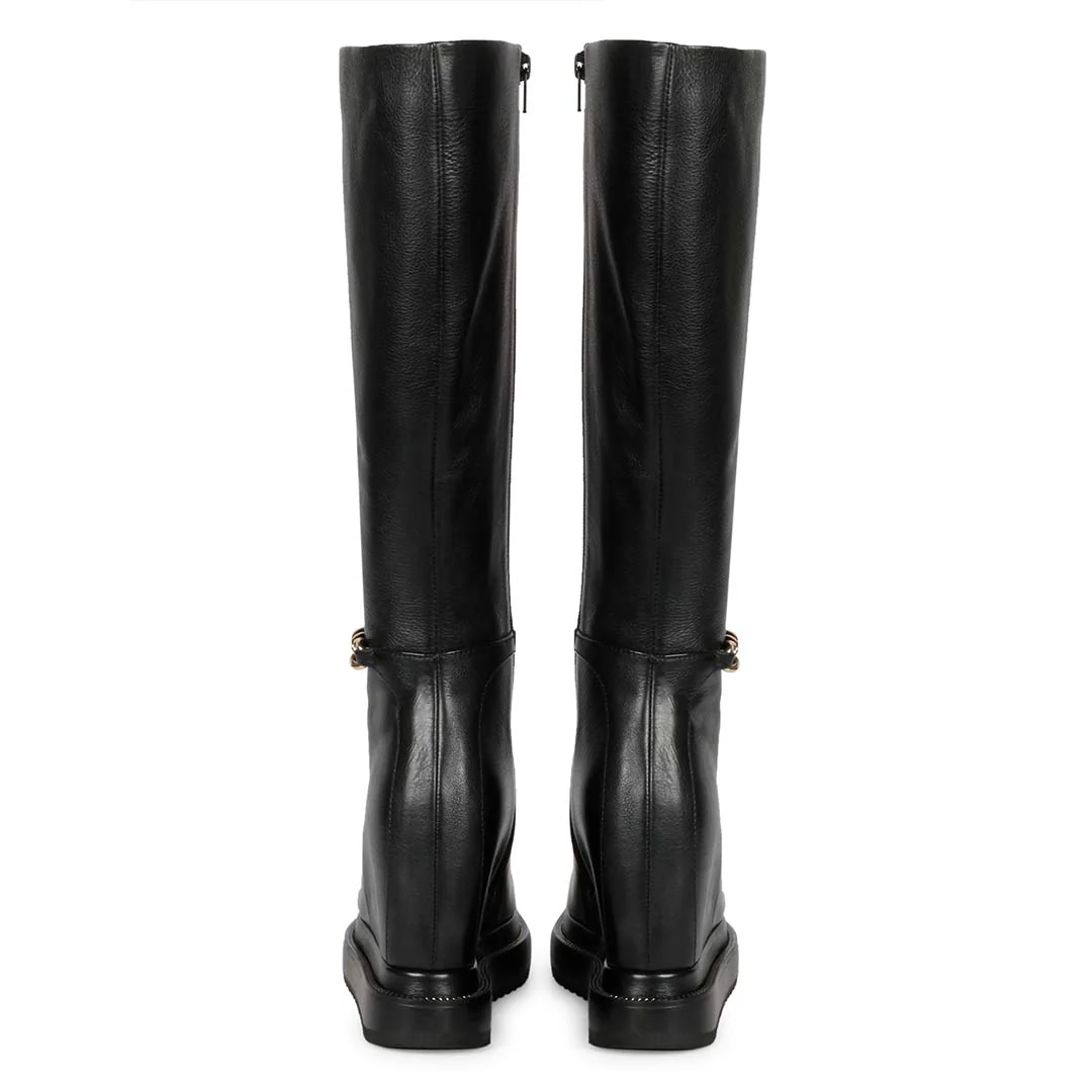 Saint Audrey Chain Décor Black Leather Inside Wedge Heel Long Boots - Image 5