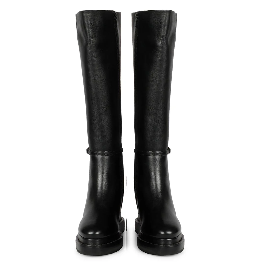 Saint Audrey Chain Décor Black Leather Inside Wedge Heel Long Boots - Image 6