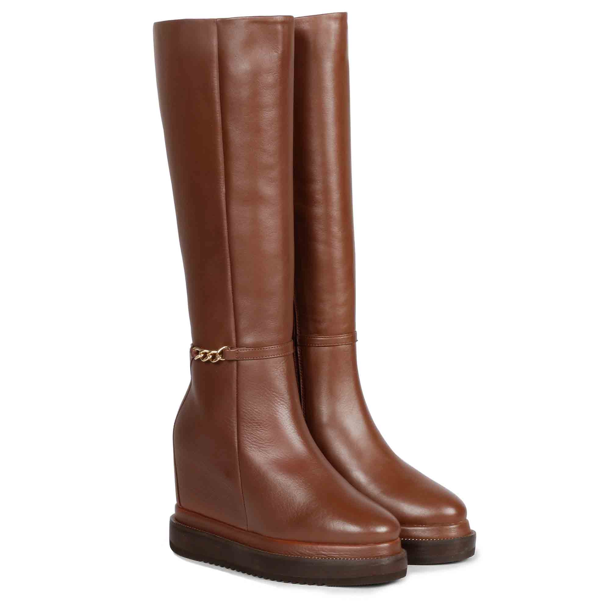Saint Audrey Chain Décor Tan Leather Inside Wedge Heel Long Boots - Image 3