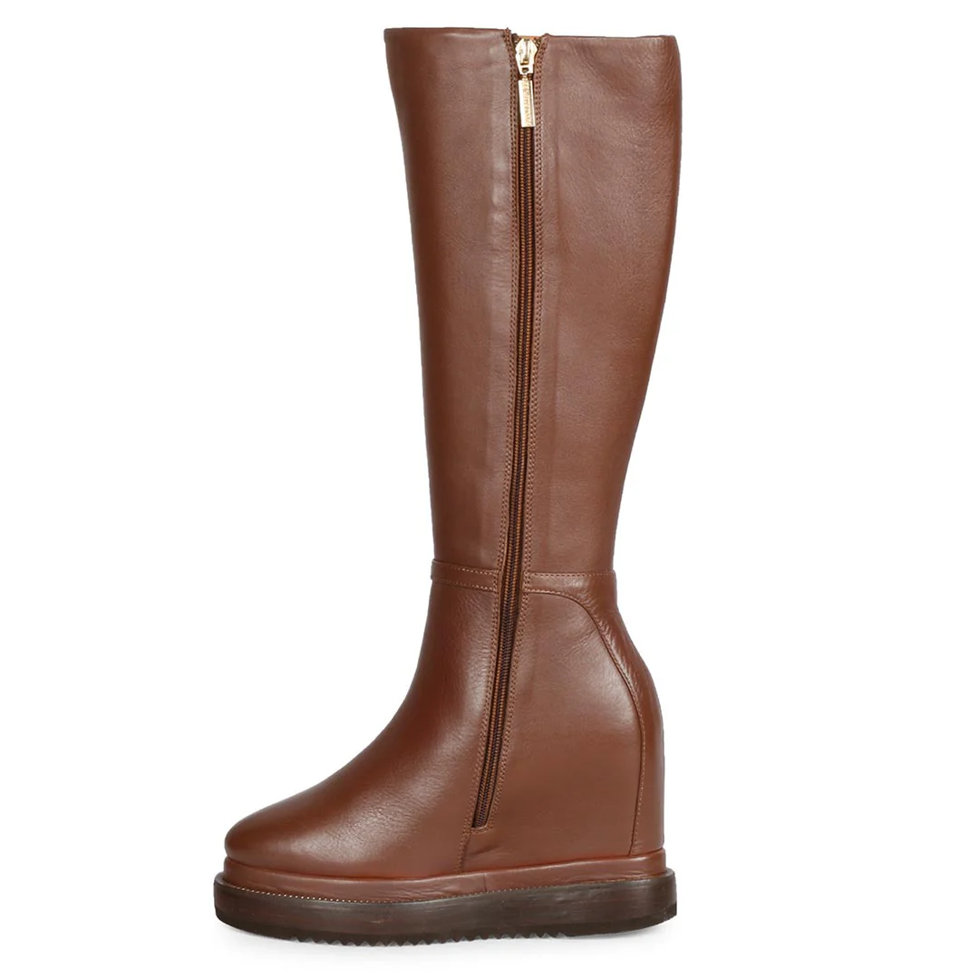 Saint Audrey Chain Décor Tan Leather Inside Wedge Heel Long Boots - Image 4