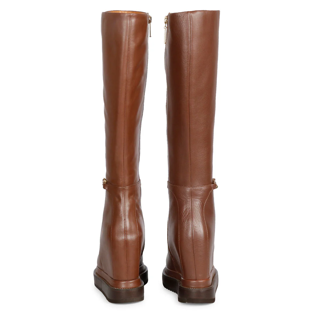Saint Audrey Chain Décor Tan Leather Inside Wedge Heel Long Boots - Image 5