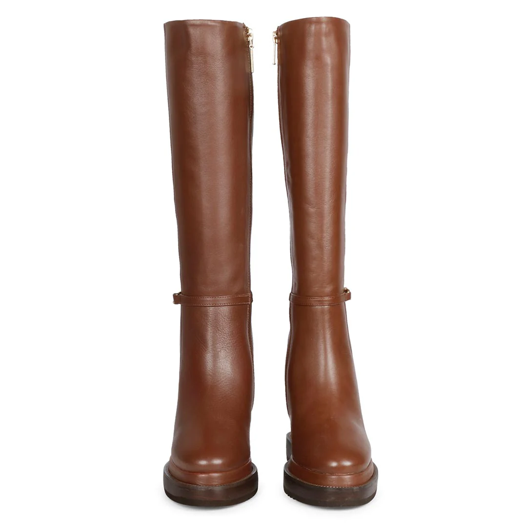 Saint Audrey Chain Décor Tan Leather Inside Wedge Heel Long Boots - Image 6