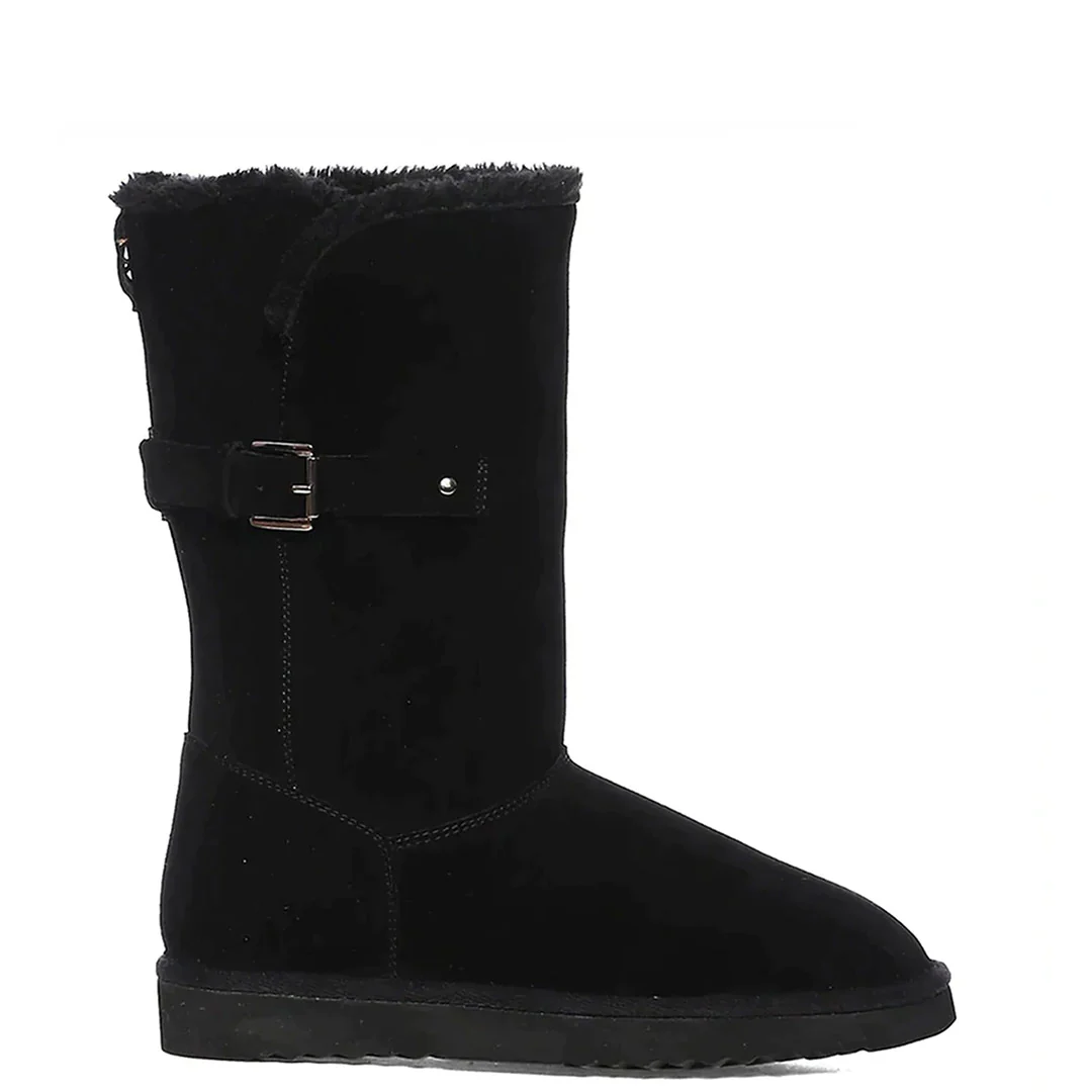 Saint Aurelia Buckle Decorative Black Suede Leather Snug Boots - Image 3