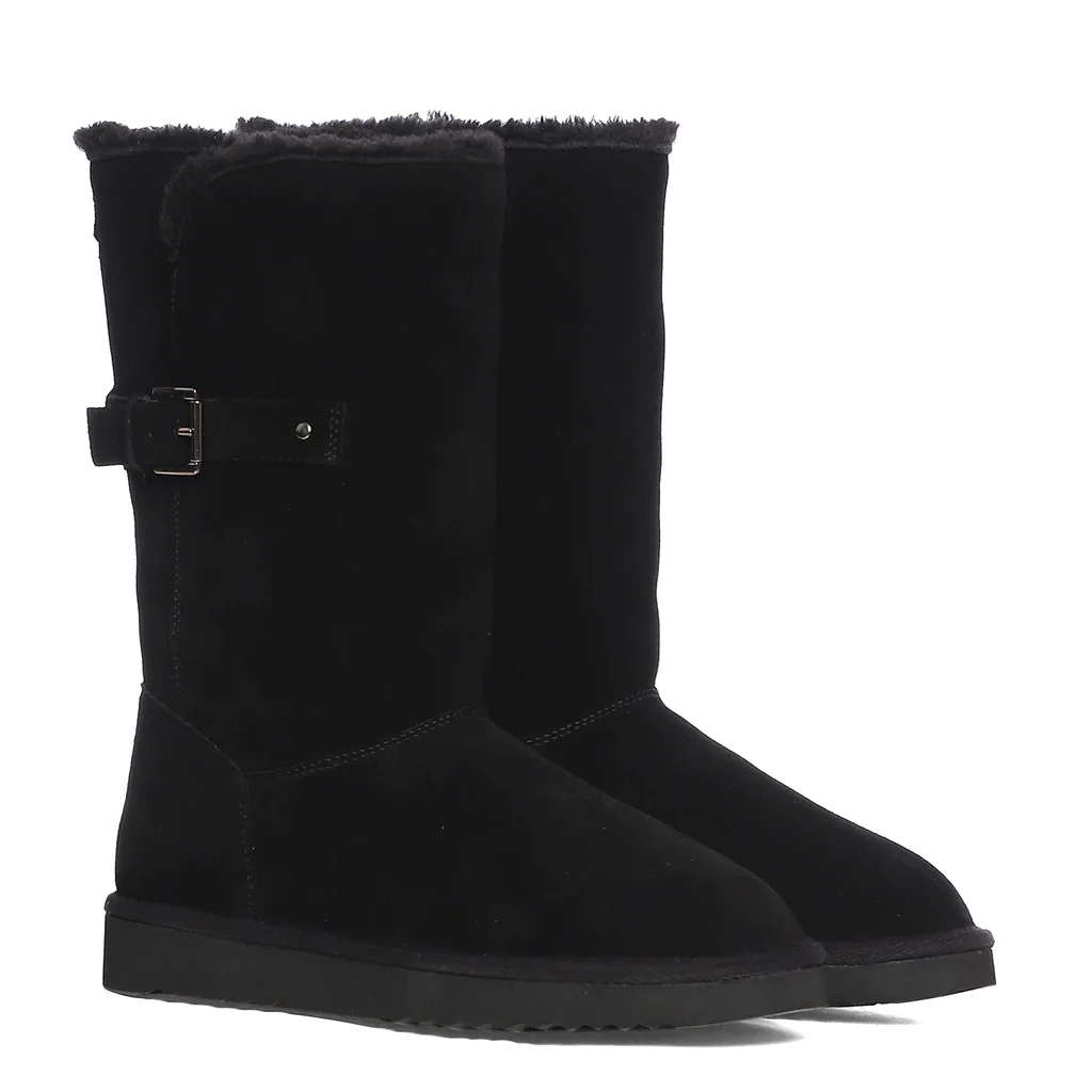 Saint Aurelia Buckle Decorative Black Suede Leather Snug Boots - Image 4
