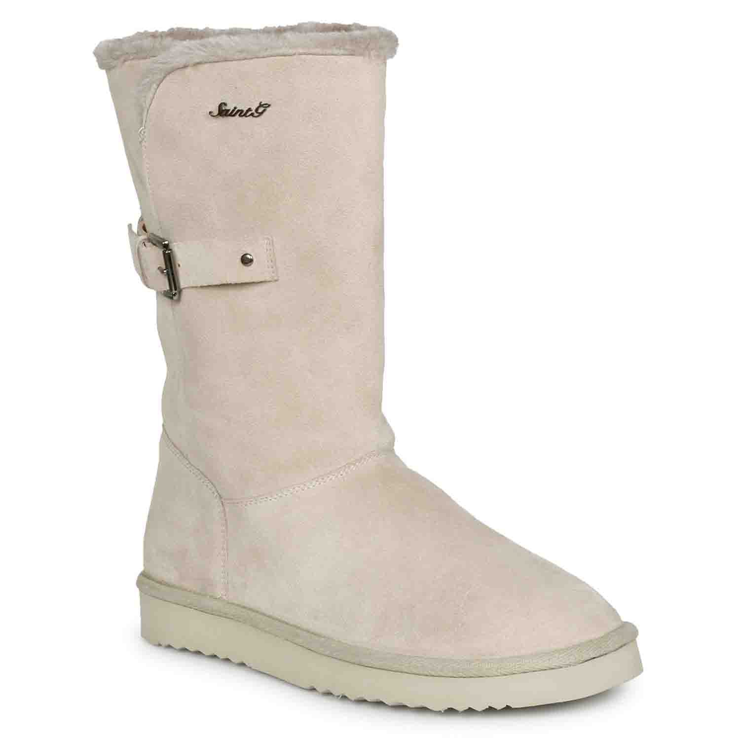 Saint Aurelia Buckle Decorative Ivory Suede Leather Snug Boots - Image 10