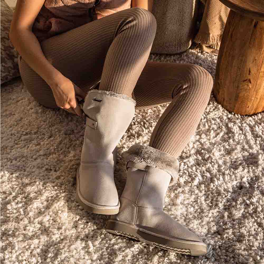 Saint Aurelia Buckle Decorative Ivory Suede Leather Snug Boots - Image 2