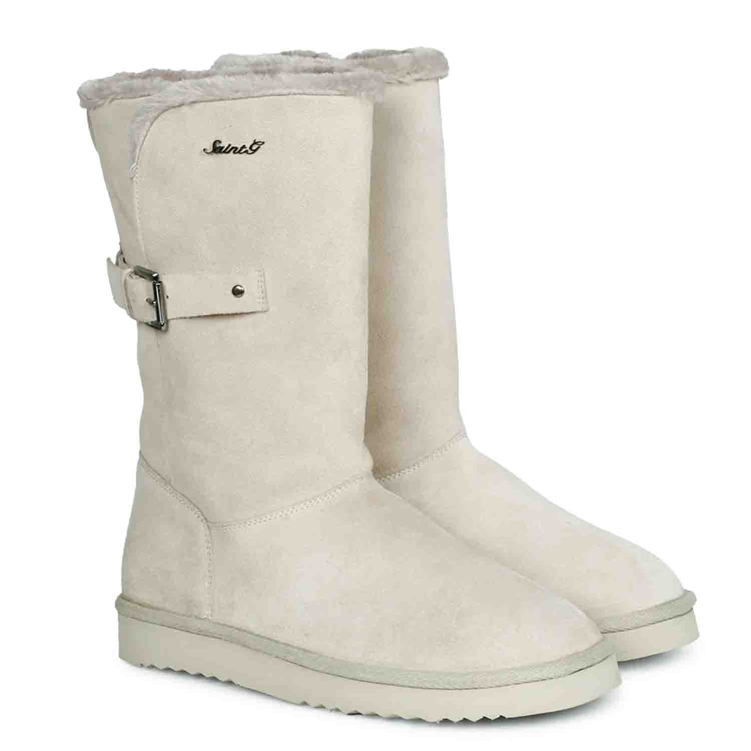 Saint Aurelia Buckle Decorative Ivory Suede Leather Snug Boots - Image 3