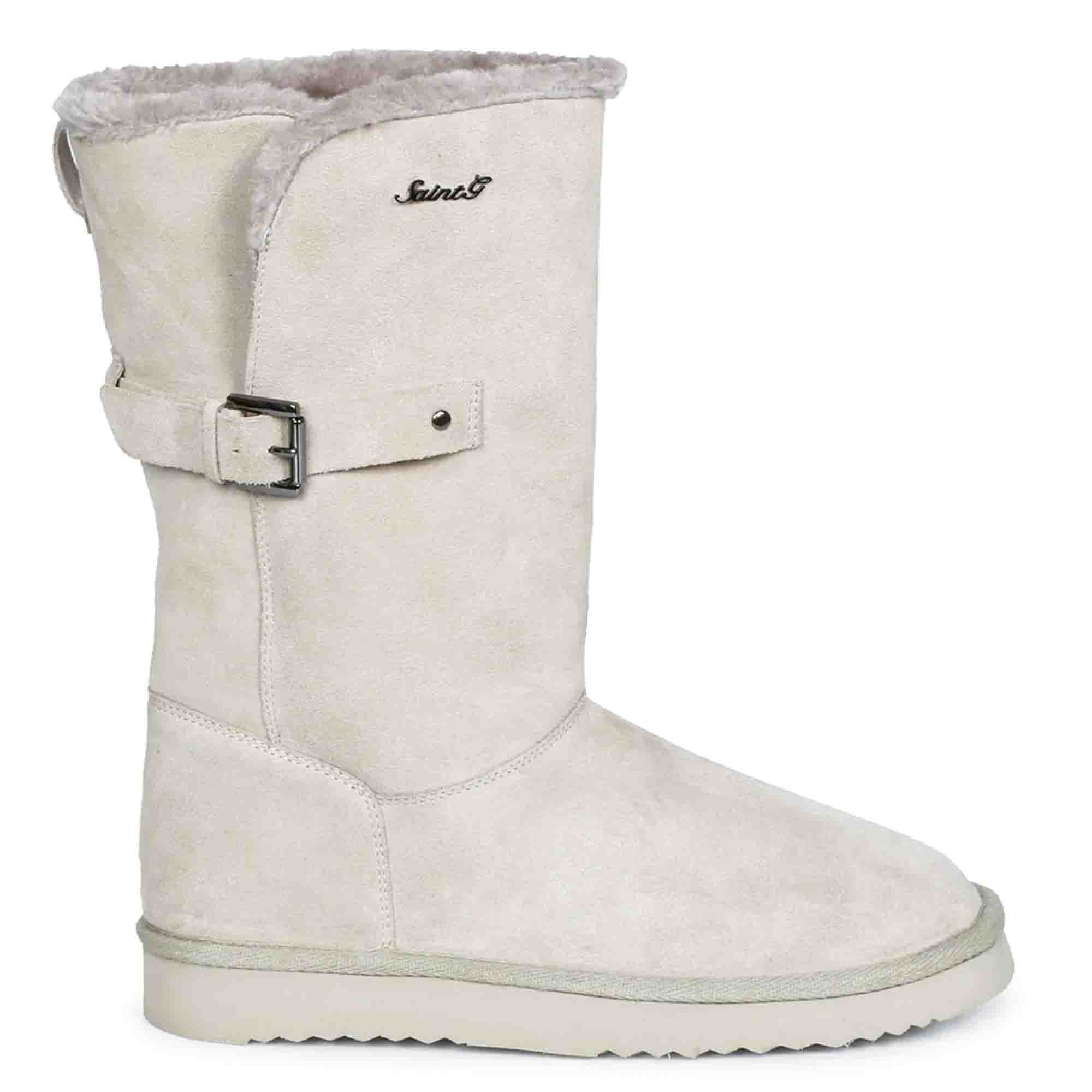 Saint Aurelia Buckle Decorative Ivory Suede Leather Snug Boots - Image 4