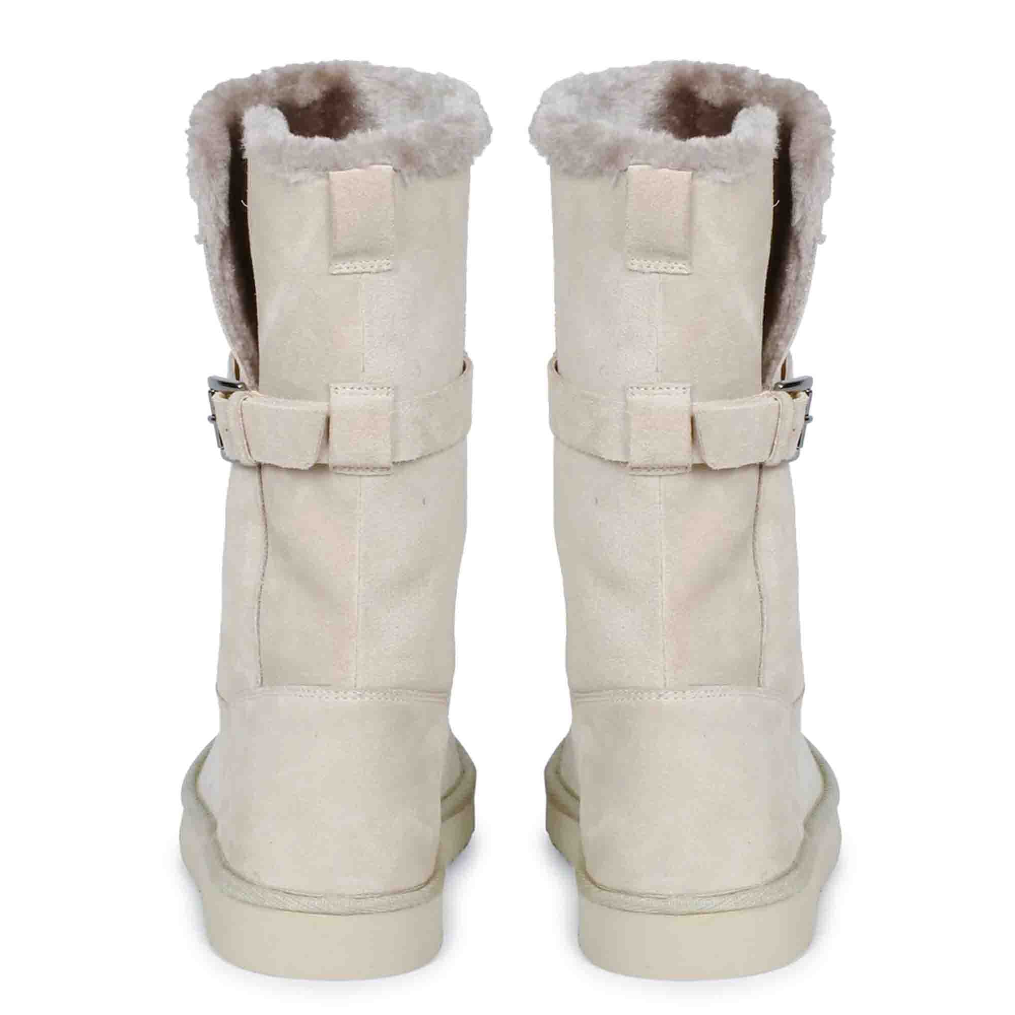 Saint Aurelia Buckle Decorative Ivory Suede Leather Snug Boots - Image 5