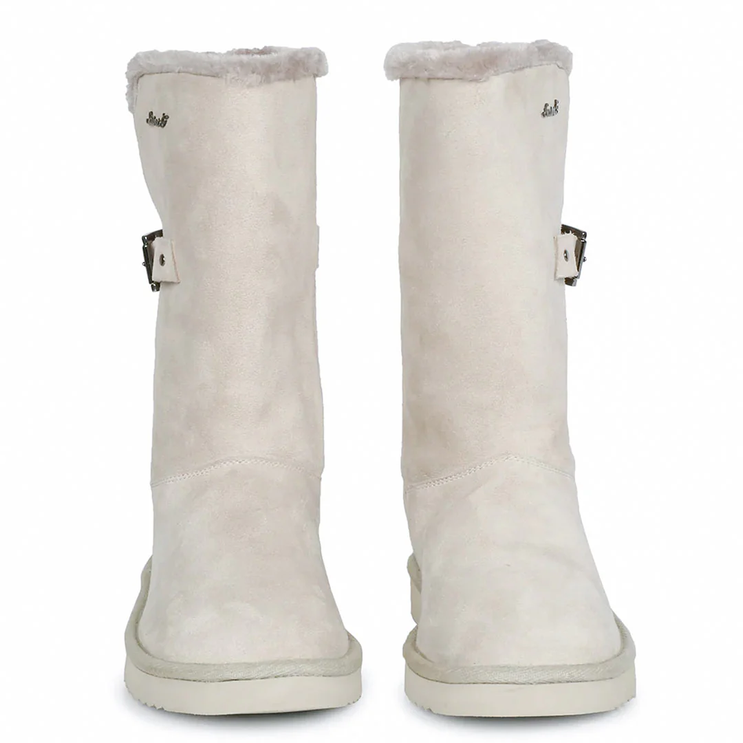 Saint Aurelia Buckle Decorative Ivory Suede Leather Snug Boots - Image 6