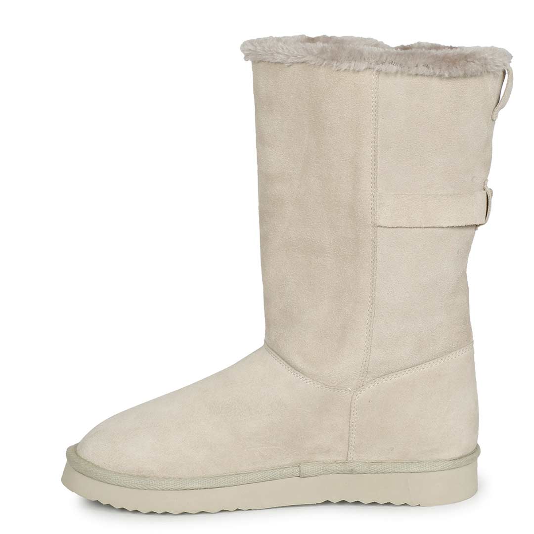 Saint Aurelia Buckle Decorative Ivory Suede Leather Snug Boots - Image 7