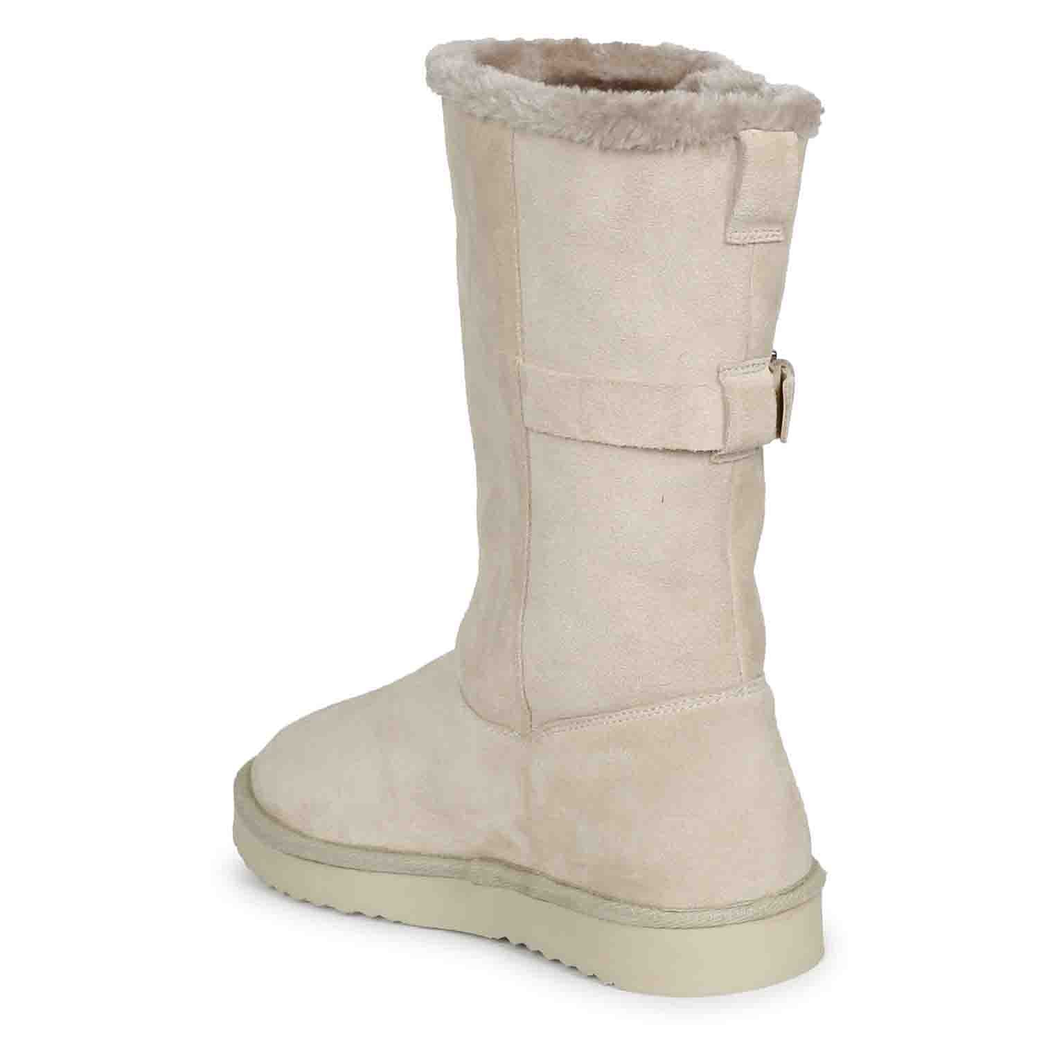 Saint Aurelia Buckle Decorative Ivory Suede Leather Snug Boots - Image 8