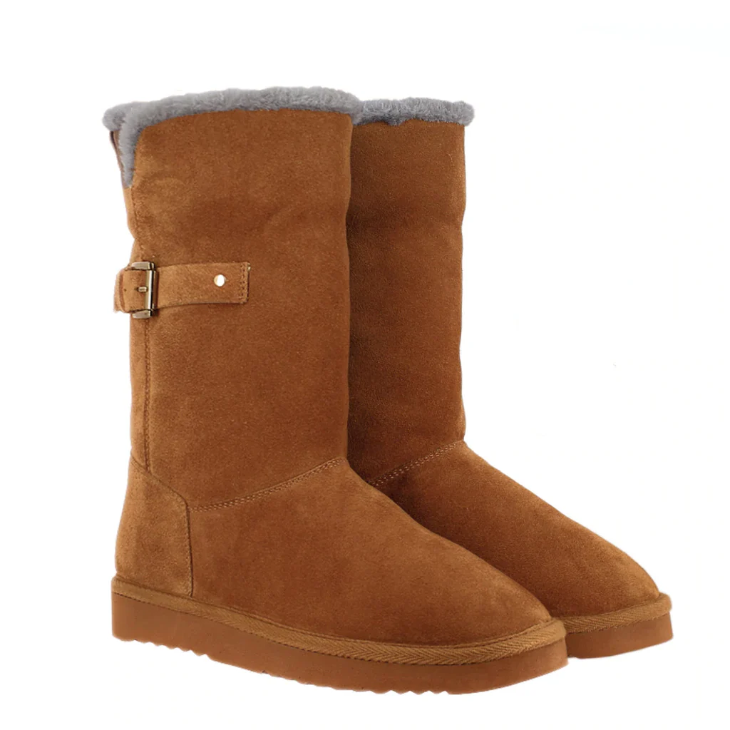Saint Aurelia Buckle Decorative Tan Suede Leather Snug Boots - Image 3