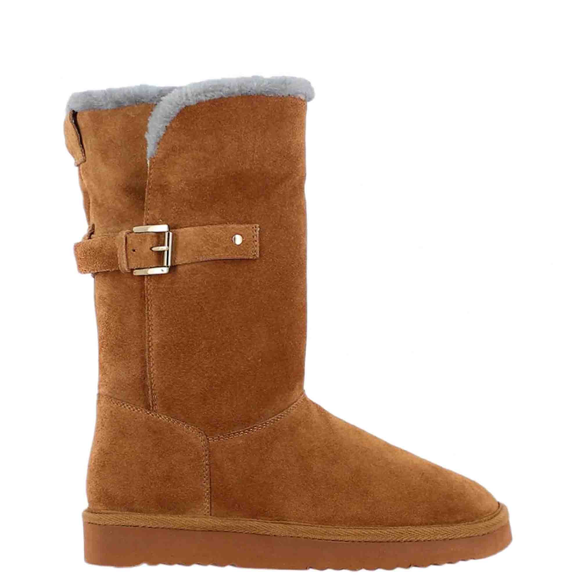 Saint Aurelia Buckle Decorative Tan Suede Leather Snug Boots - Image 4