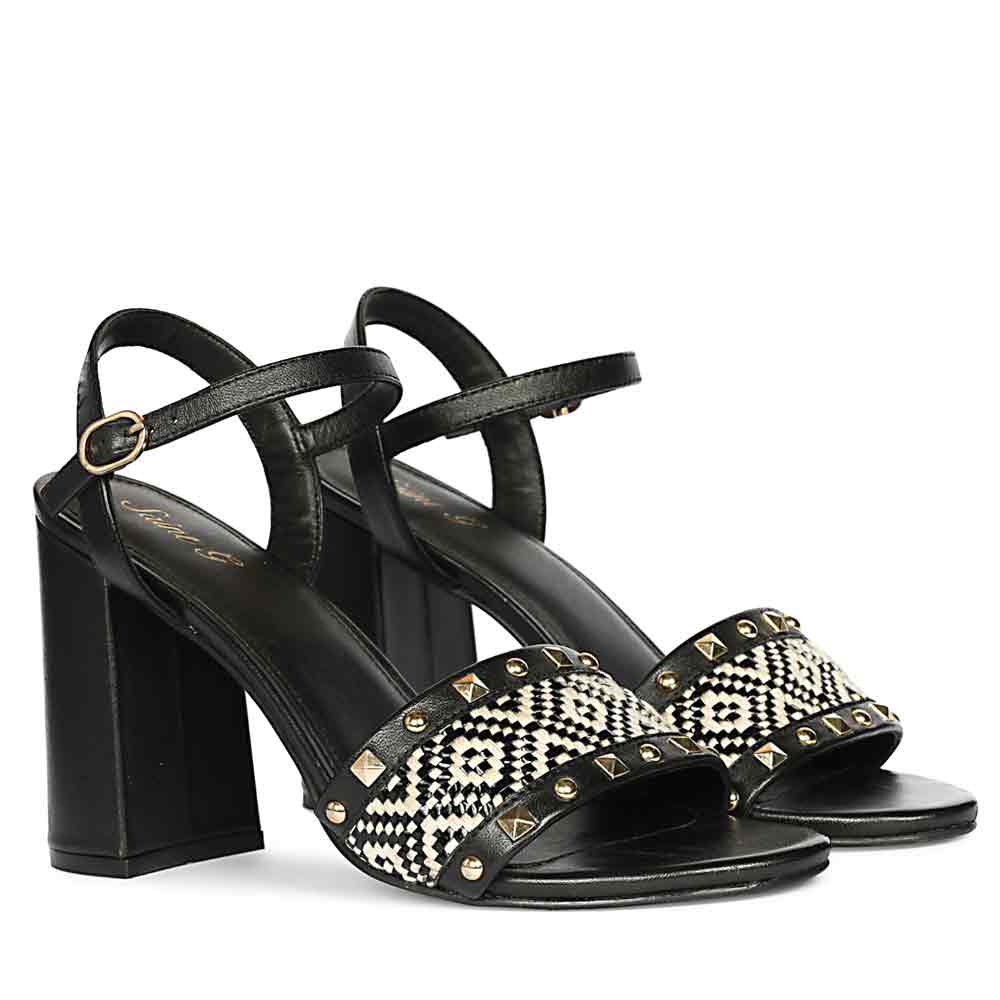 Saint Auric Black Leather Rafia Stud Block Heels - Image 3