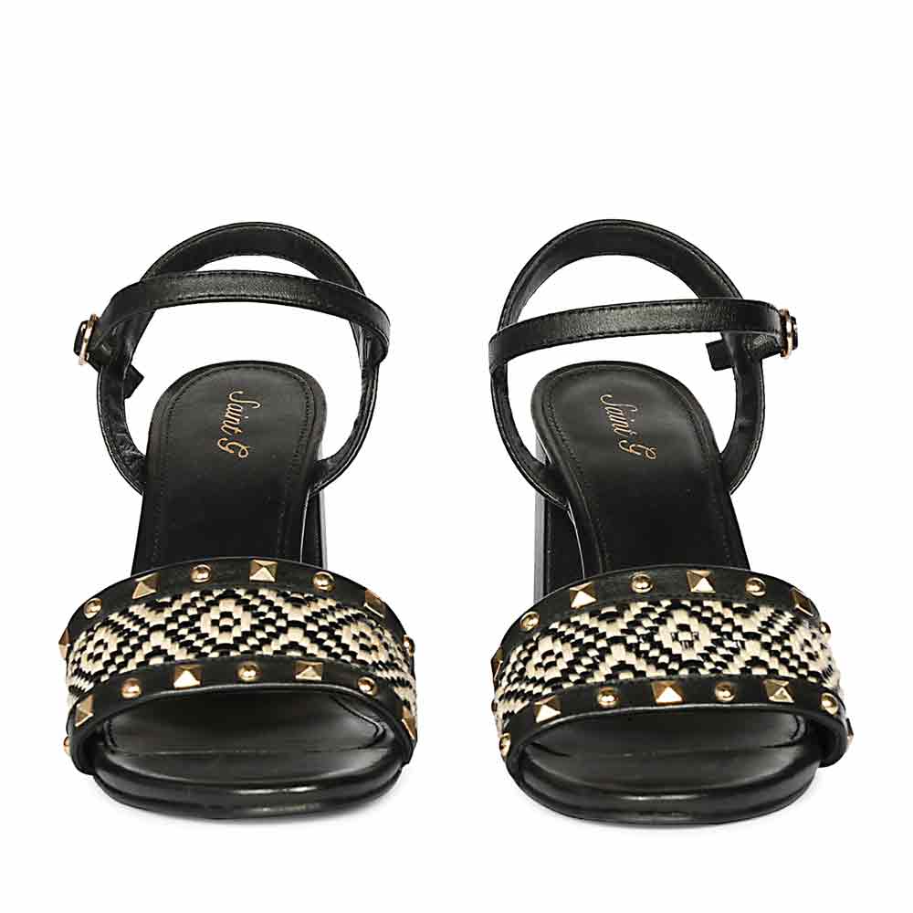 Saint Auric Black Leather Rafia Stud Block Heels - Image 5