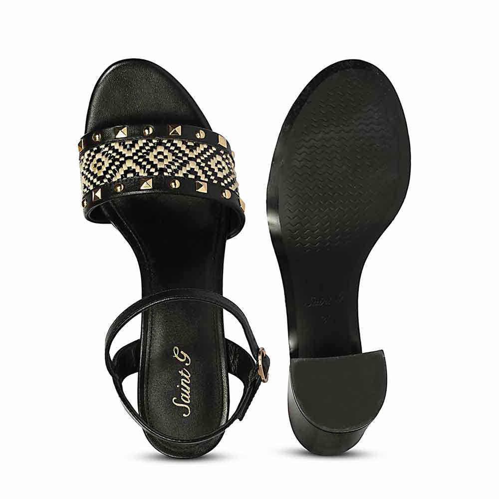 Saint Auric Black Leather Rafia Stud Block Heels - Image 7