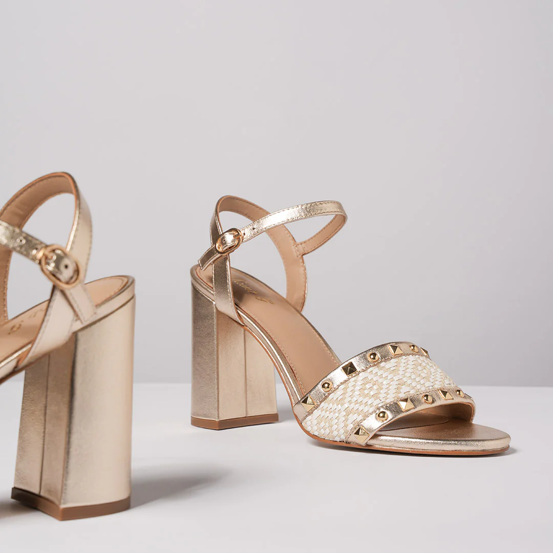 Saint Auric Gold Leather Rafia Stud Block Heels - Image 2