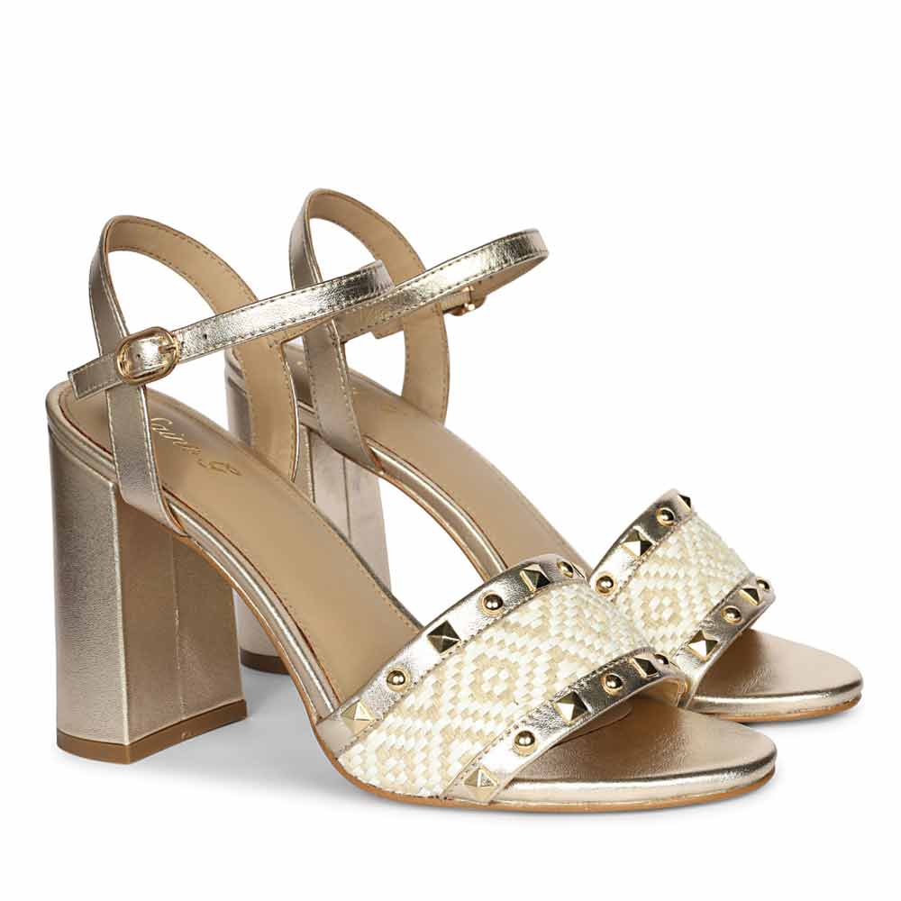Saint Auric Gold Leather Rafia Stud Block Heels - Image 3