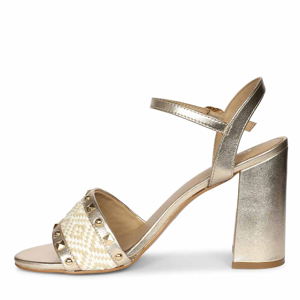 Saint Auric Gold Leather Rafia Stud Block Heels - Image 4