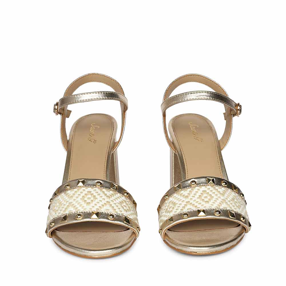 Saint Auric Gold Leather Rafia Stud Block Heels - Image 5
