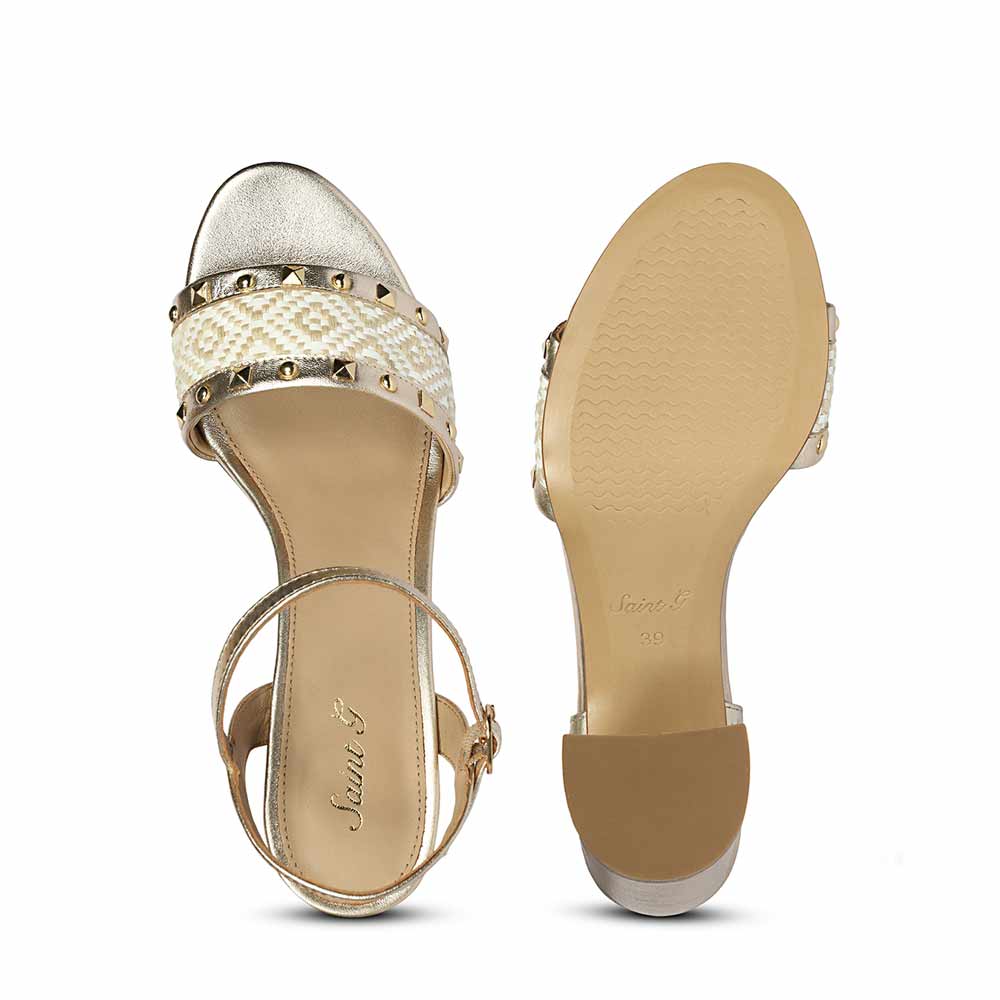 Saint Auric Gold Leather Rafia Stud Block Heels - Image 7