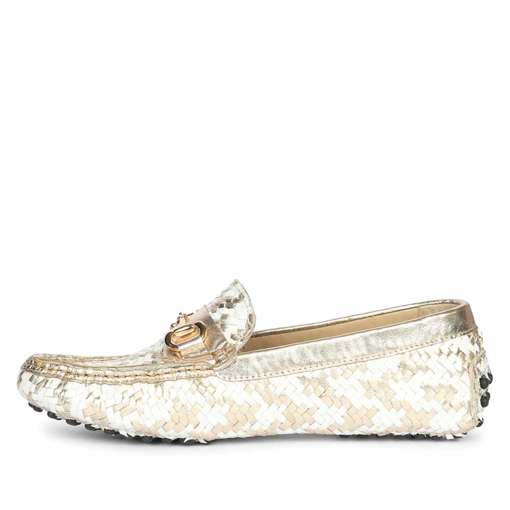 Saint Aurora Gold & White Handwoven Leather Horsebit Loafers - Image 3
